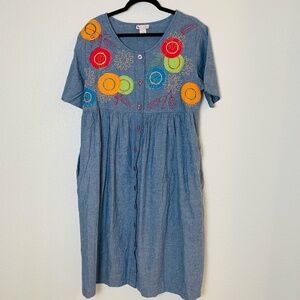 Go Softly Patio Denim Dress Medium Button Front Embroidered Lagenlook Artsy Blue